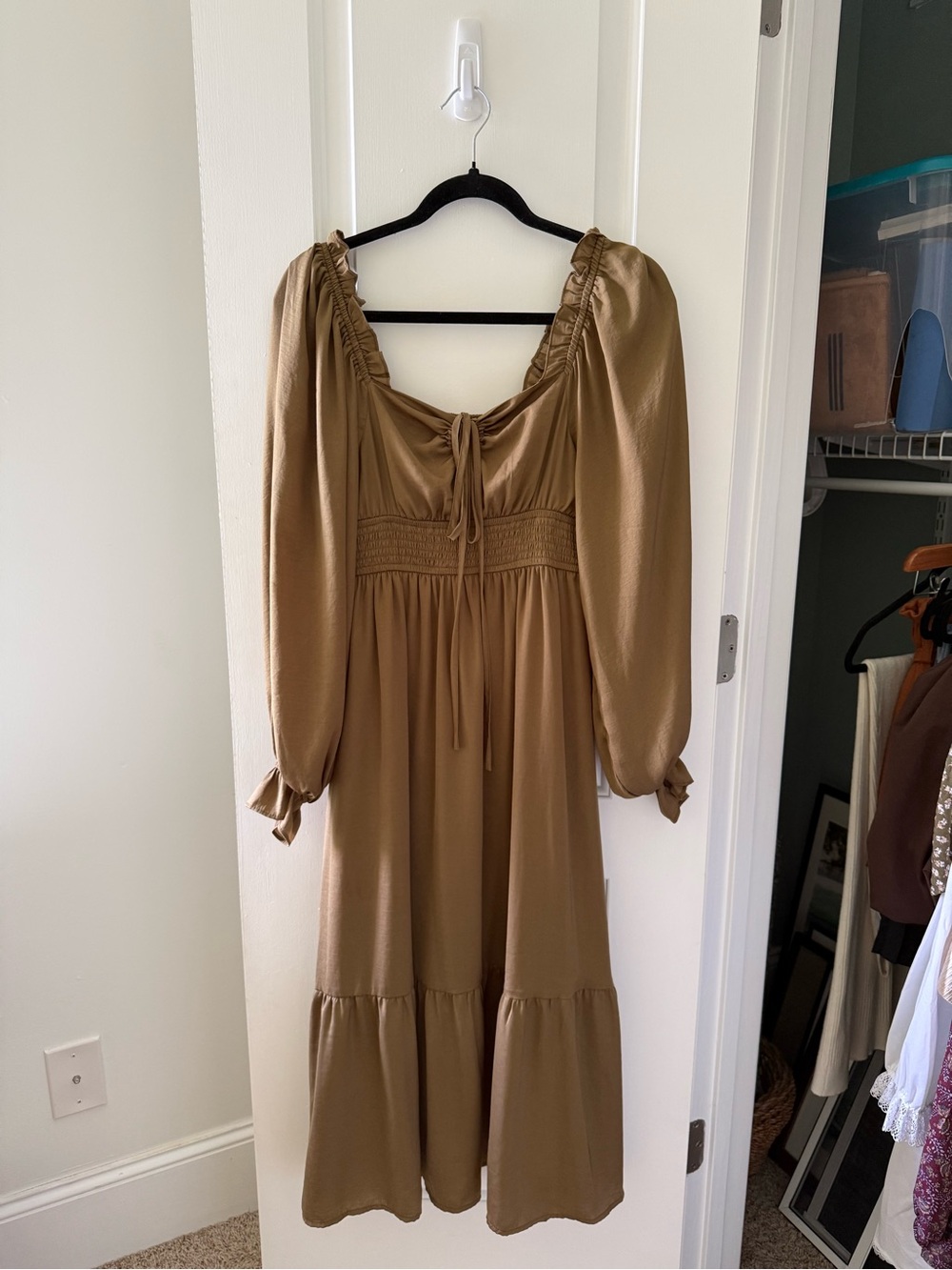 Olive Long Sleeve Peasant Midi Dress